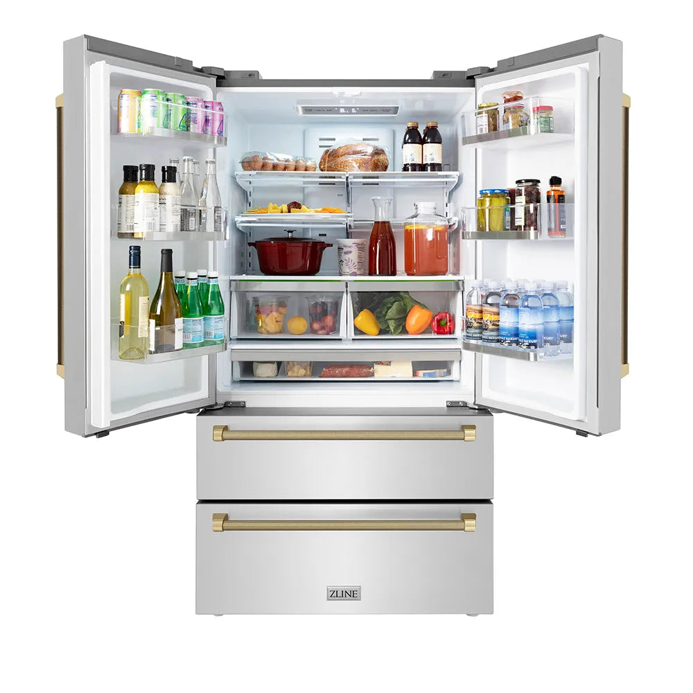 ZLINE Autograph Edition 36-inch refrigerator in fingerprint-resistant stainless steel with bright white interior and champagne bronze accents RFMZ-36-KCB, front view