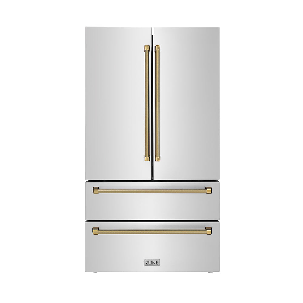 ZLINE Autograph Edition 36-inch refrigerator in fingerprint-resistant stainless steel with bright white interior and polished gold accents RFMZ-36-KG