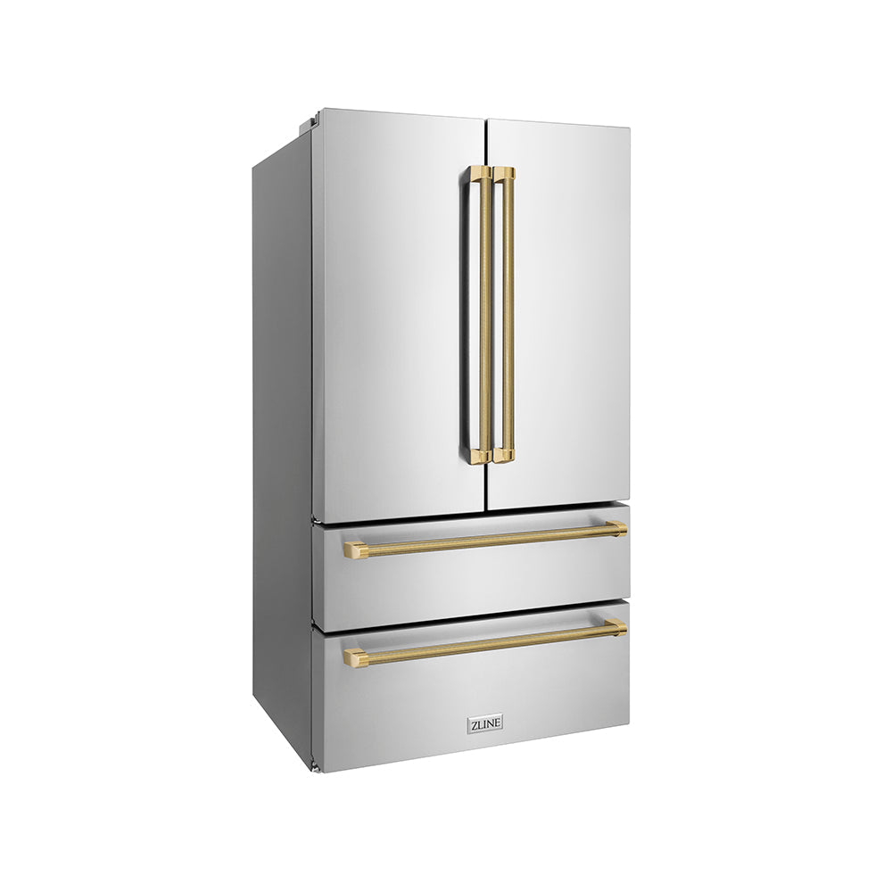 ZLINE Autograph Edition 36-inch refrigerator in fingerprint-resistant stainless steel with bright white interior and polished gold accents RFMZ-36-KG, side view