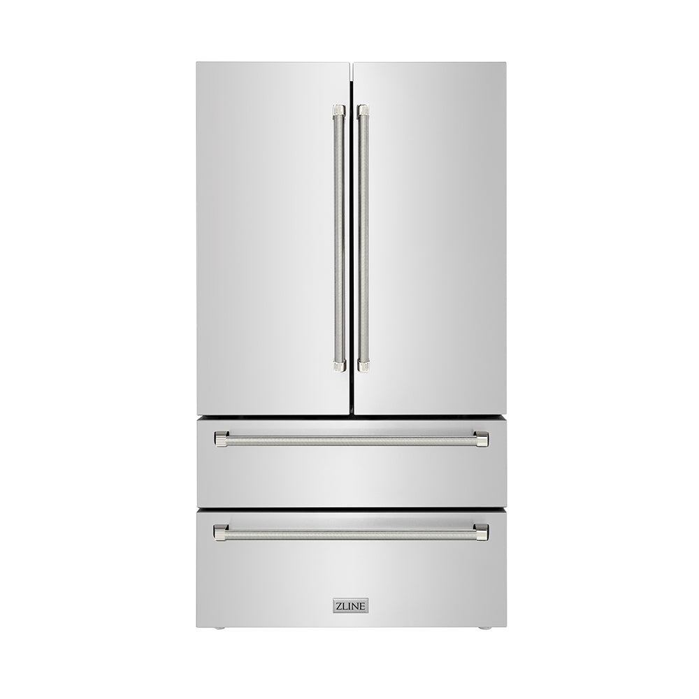 ZLINE Autograph Edition 36-inch refrigerator in fingerprint-resistant stainless steel with bright white interior and polished nickel accents RFMZ-36-KPN