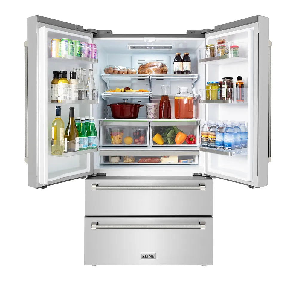 ZLINE Autograph Edition 36-inch refrigerator in fingerprint-resistant stainless steel with bright white interior and polished nickel accents RFMZ-36-KPN, front view