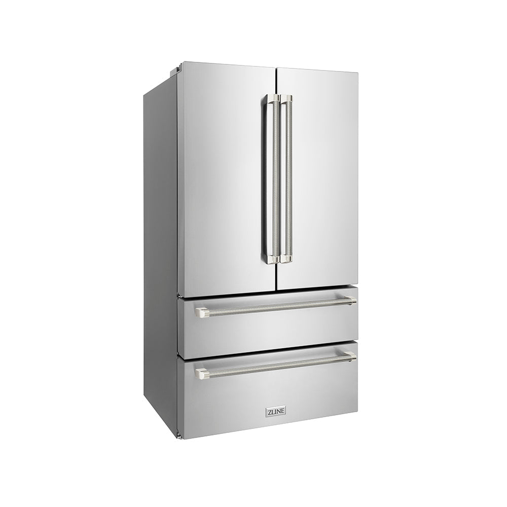 ZLINE Autograph Edition 36-inch refrigerator in fingerprint-resistant stainless steel with bright white interior and polished nickel accents RFMZ-36-KPN, side view