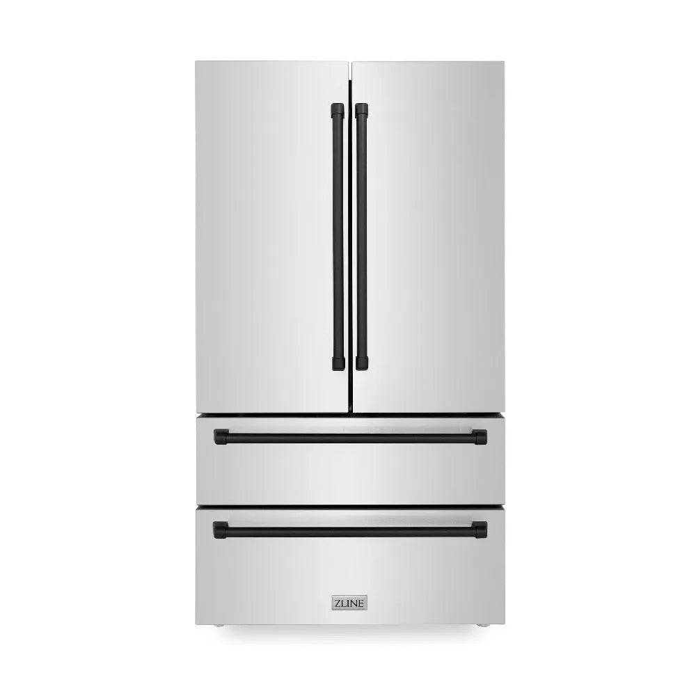 ZLINE Autograph Edition 36-inch refrigerator in fingerprint-resistant stainless steel with bright white interior and matte black accents RFMZ-36-MB