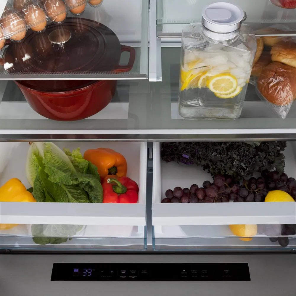 ZLINE Autograph Edition 36-inch refrigerator in fingerprint-resistant stainless steel with bright white interior and matte black accents RFMZ-W-36-FMB, detail