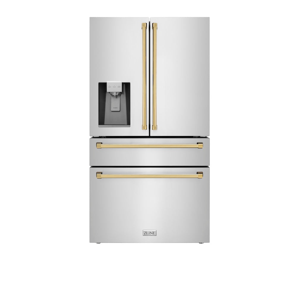ZLINE Autograph Edition 36-inch refrigerator in fingerprint-resistant stainless steel with bright white interior and polished gold accents RFMZ-W-36-G, front view