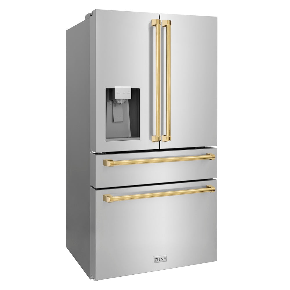 ZLINE Autograph Edition 36-inch refrigerator in fingerprint-resistant stainless steel with bright white interior and polished gold accents RFMZ-W-36-G, side view