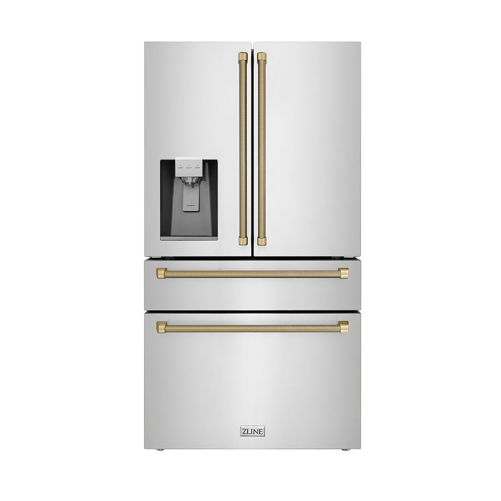 ZLINE Autograph Edition 36-inch refrigerator in fingerprint-resistant stainless steel with bright white interior and champagne bronze accents RFMZ-W-36-KCB