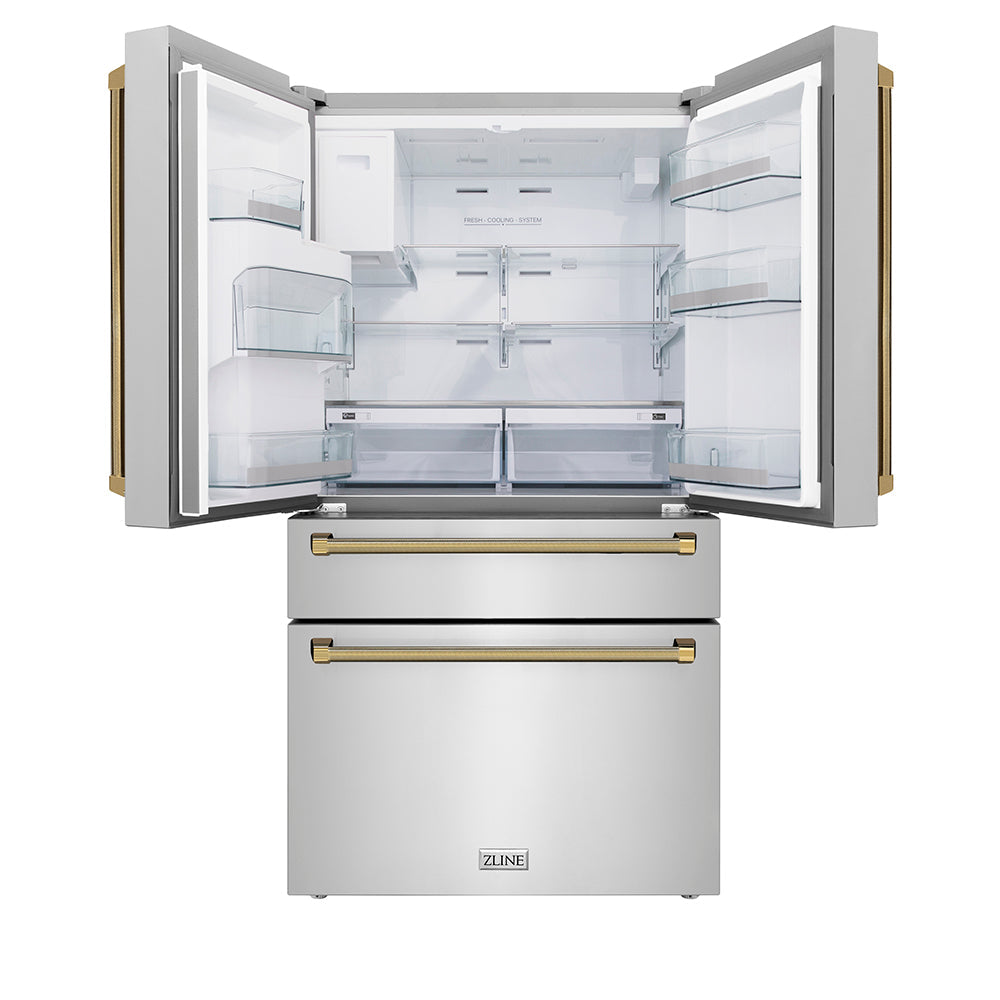 ZLINE Autograph Edition 36-inch refrigerator in fingerprint-resistant stainless steel with bright white interior and polished gold accents RFMZ-W-36-KG, front view