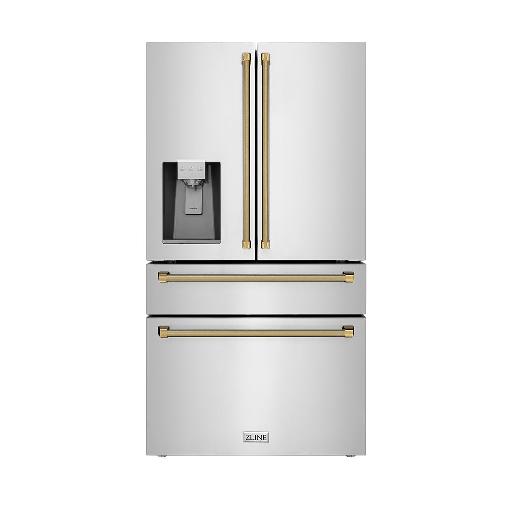 ZLINE Autograph Edition 36-inch refrigerator in fingerprint-resistant stainless steel with bright white interior and polished gold accents RFMZ-W-36-KG