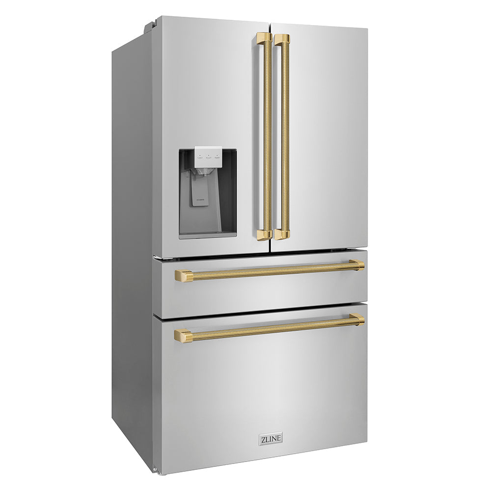 ZLINE Autograph Edition 36-inch refrigerator in fingerprint-resistant stainless steel with bright white interior and polished gold accents RFMZ-W-36-KG, side view