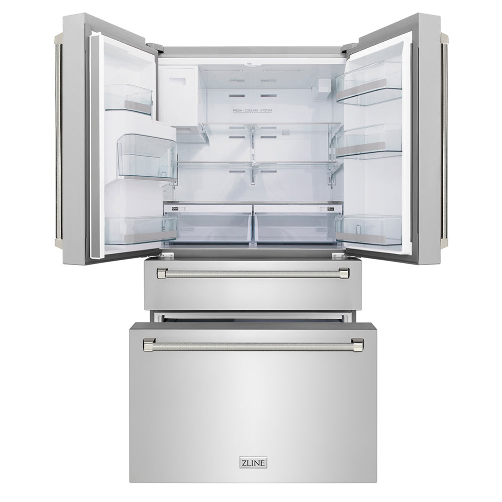 ZLINE Autograph Edition 36-inch refrigerator in fingerprint-resistant stainless steel with bright white interior and polished nickel accents RFMZ-W-36-KPN, front view