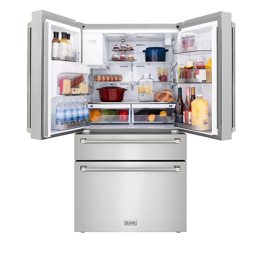 ZLINE Autograph Edition 36-inch refrigerator in fingerprint-resistant stainless steel with bright white interior and polished nickel accents RFMZ-W-36-KPN, front view