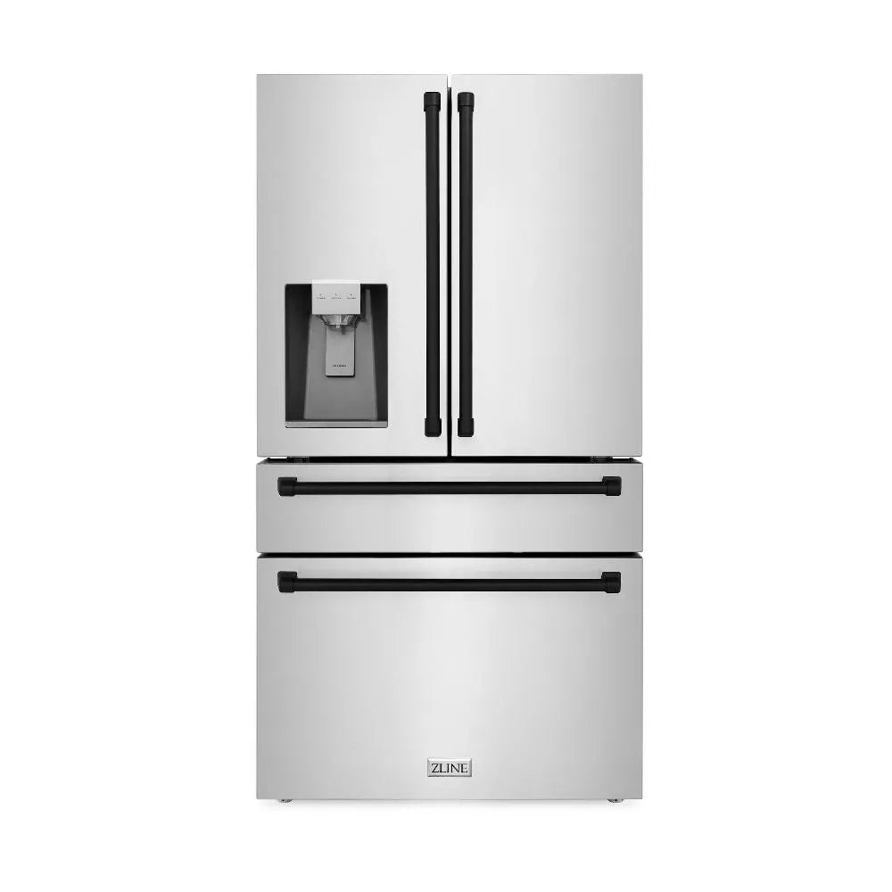 ZLINE Autograph Edition 36-inch refrigerator in fingerprint-resistant stainless steel with bright white interior and matte black accents RFMZ-W-36-MB