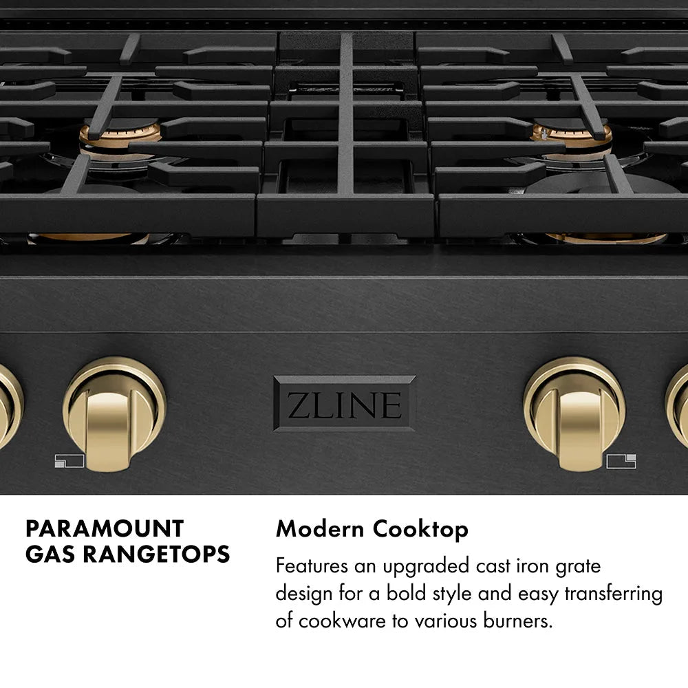 ZLINE Autograph Edition Paramount 30-inch rangetop in black satin stainless steel and champagne bronze accents SRTBSZ-30-CB, from above
