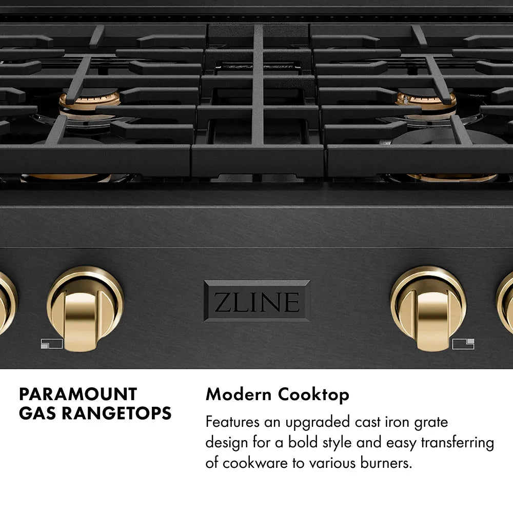 ZLINE Autograph Edition Paramount 30-inch rangetop in black satin stainless steel and polished gold accents SRTBSZ-30-G, from above
