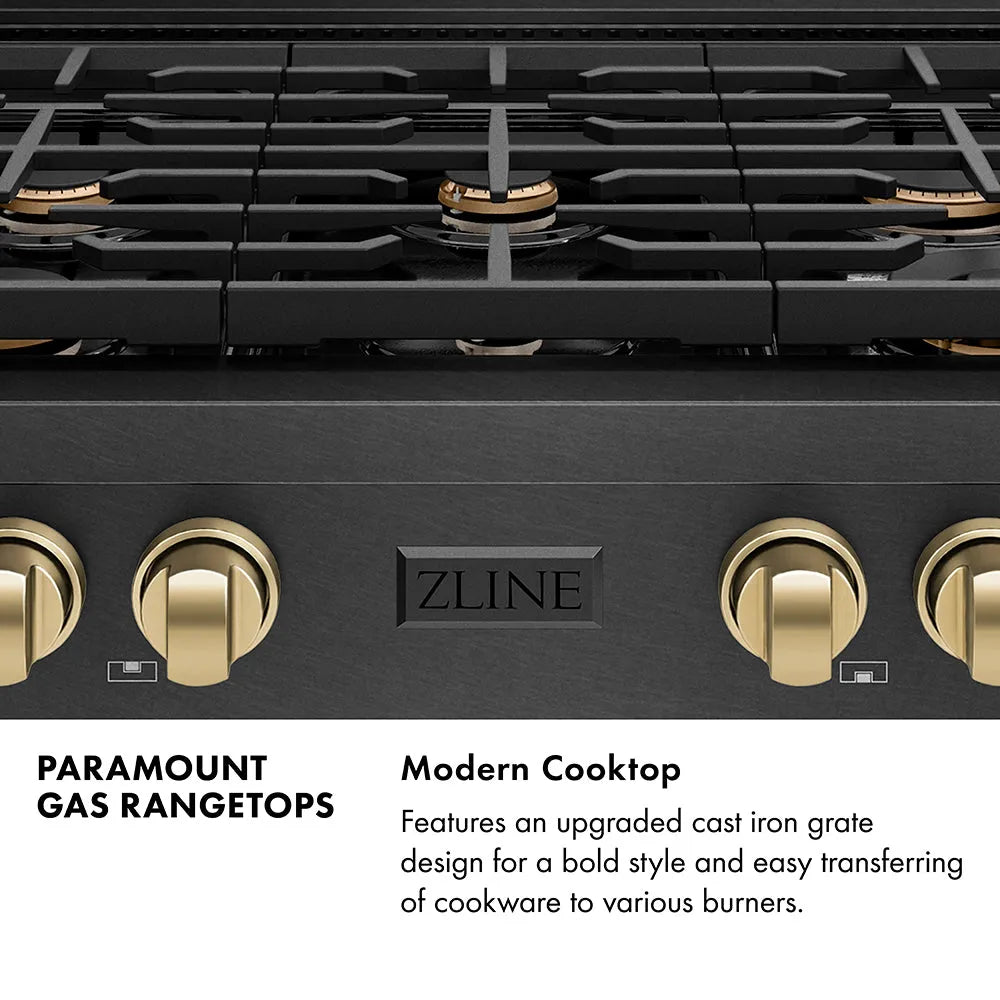 ZLINE Autograph Edition Paramount 36-inch rangetop in black satin stainless steel and champagne bronze accents SRTBSZ-36-CB, from above