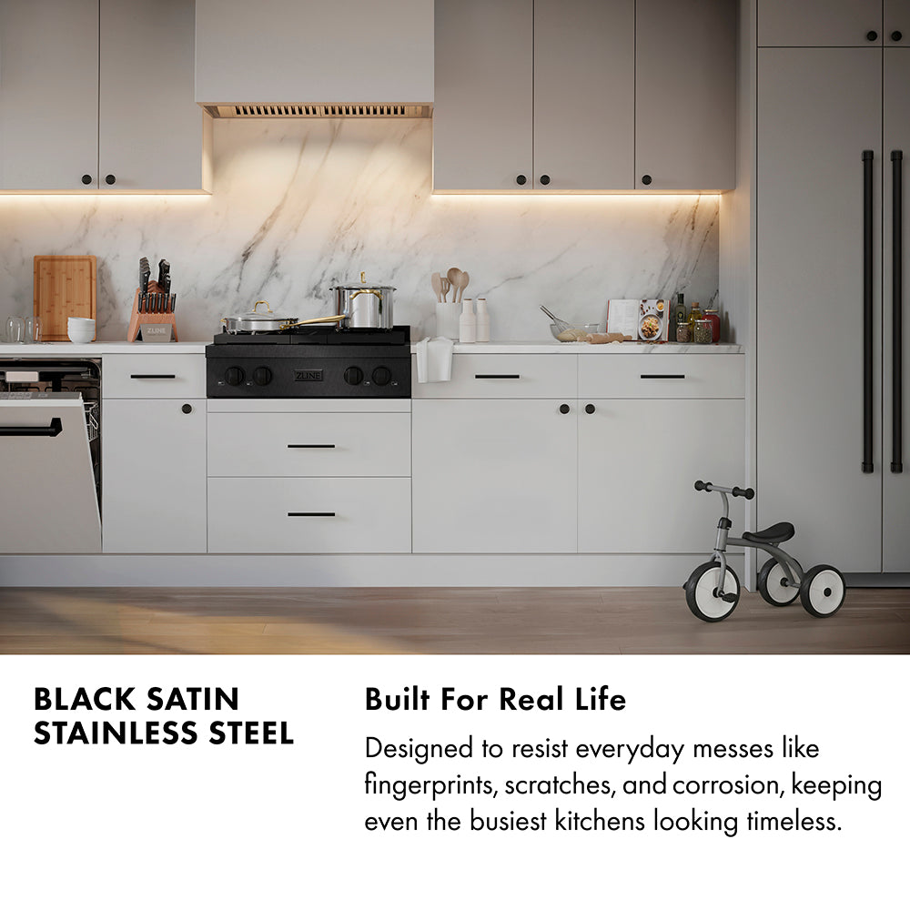 ZLINE Paramount 30-inch rangetop in black satin stainless steel and matte black and champagne bronze accents PSRTBSZ-30-MBCB, from above