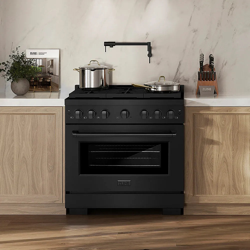 ZLINE Paramount 36-inch range in black stainless steel PSGRB-36, front view