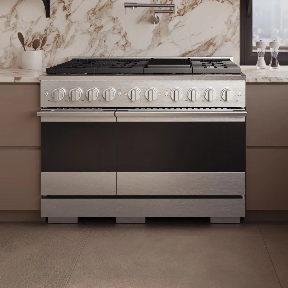 ZLINE Marino 48-inch range in satin stainless steel MGRS-BR-48, front view