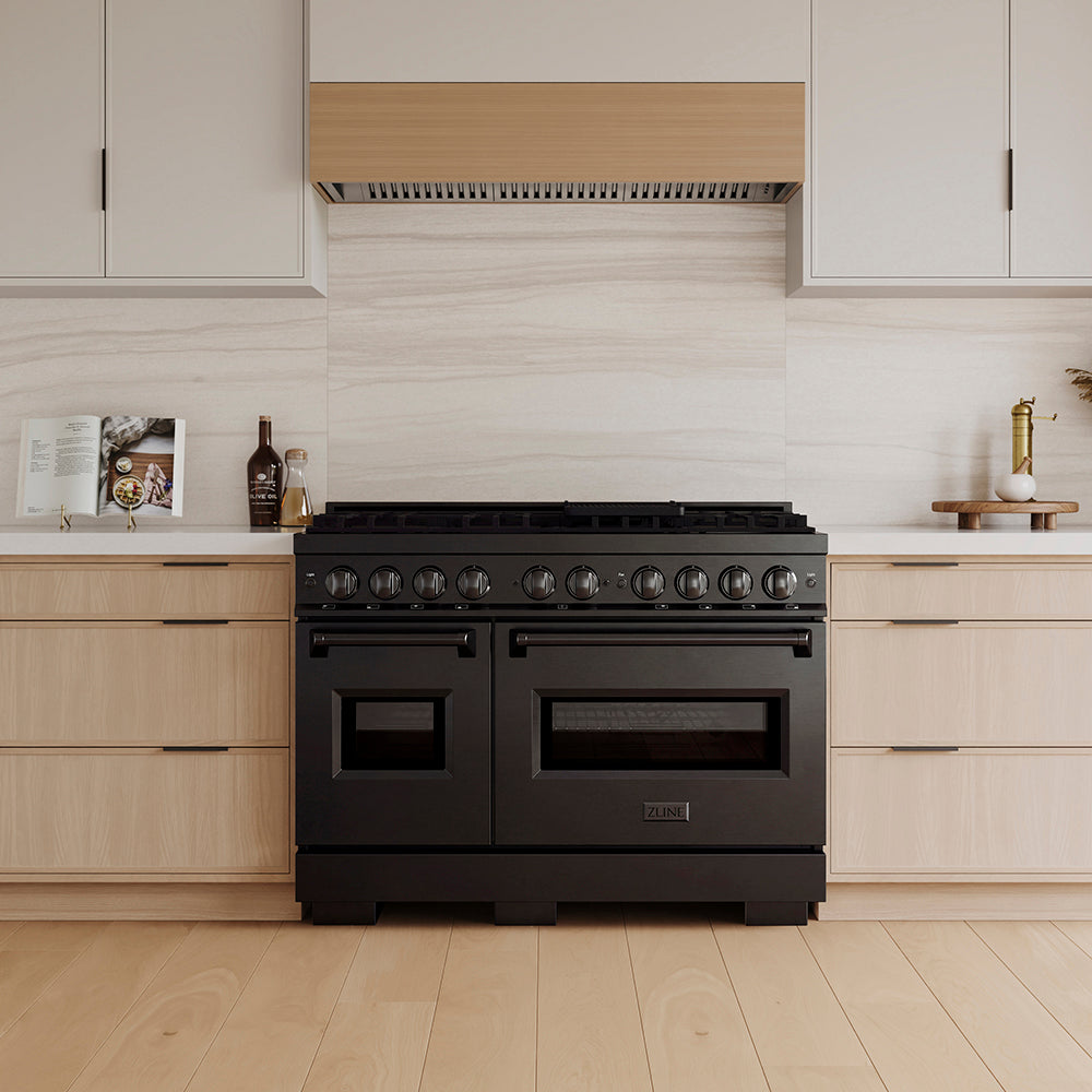 ZLINE Classic 48-inch range in black stainless steel PCDRB-48, front view