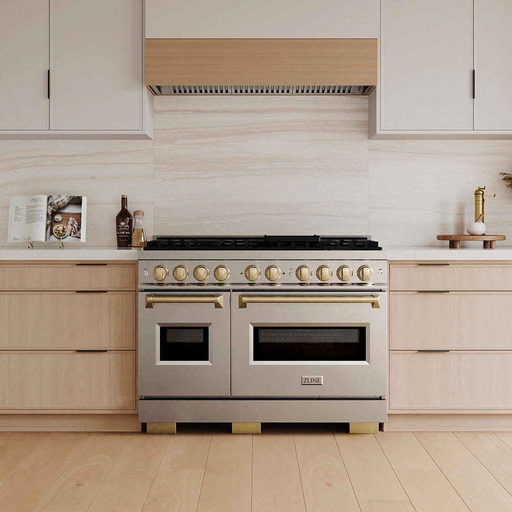 ZLINE Autograph Edition Classic 48-inch range in stainless steel and champagne bronze accents PCDRZ-48-CB, front view
