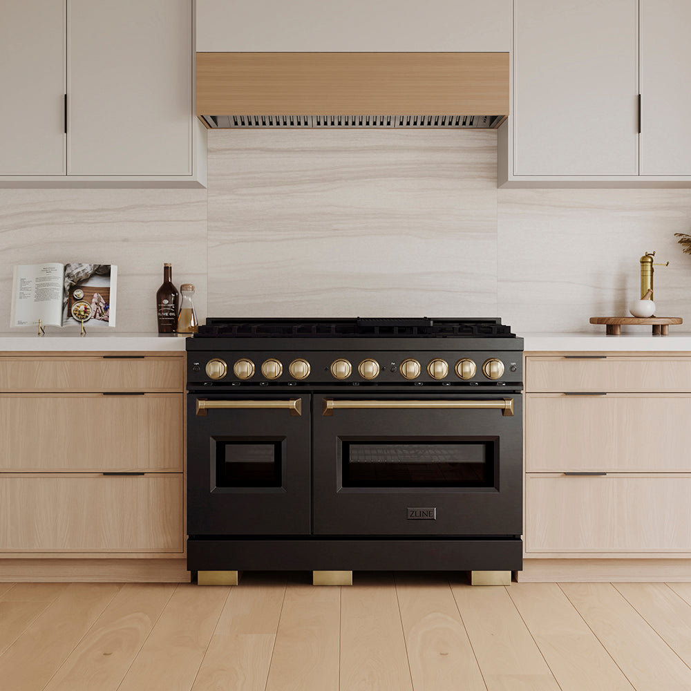 ZLINE Autograph Edition Classic 48-inch range in black stainless steel and champagne bronze accents PCGRBZ-48-CB, front view