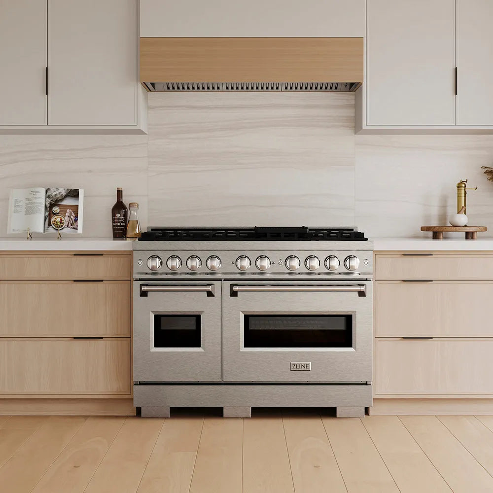 ZLINE Classic 48-inch range in satin stainless steel PCGRS-48, front view
