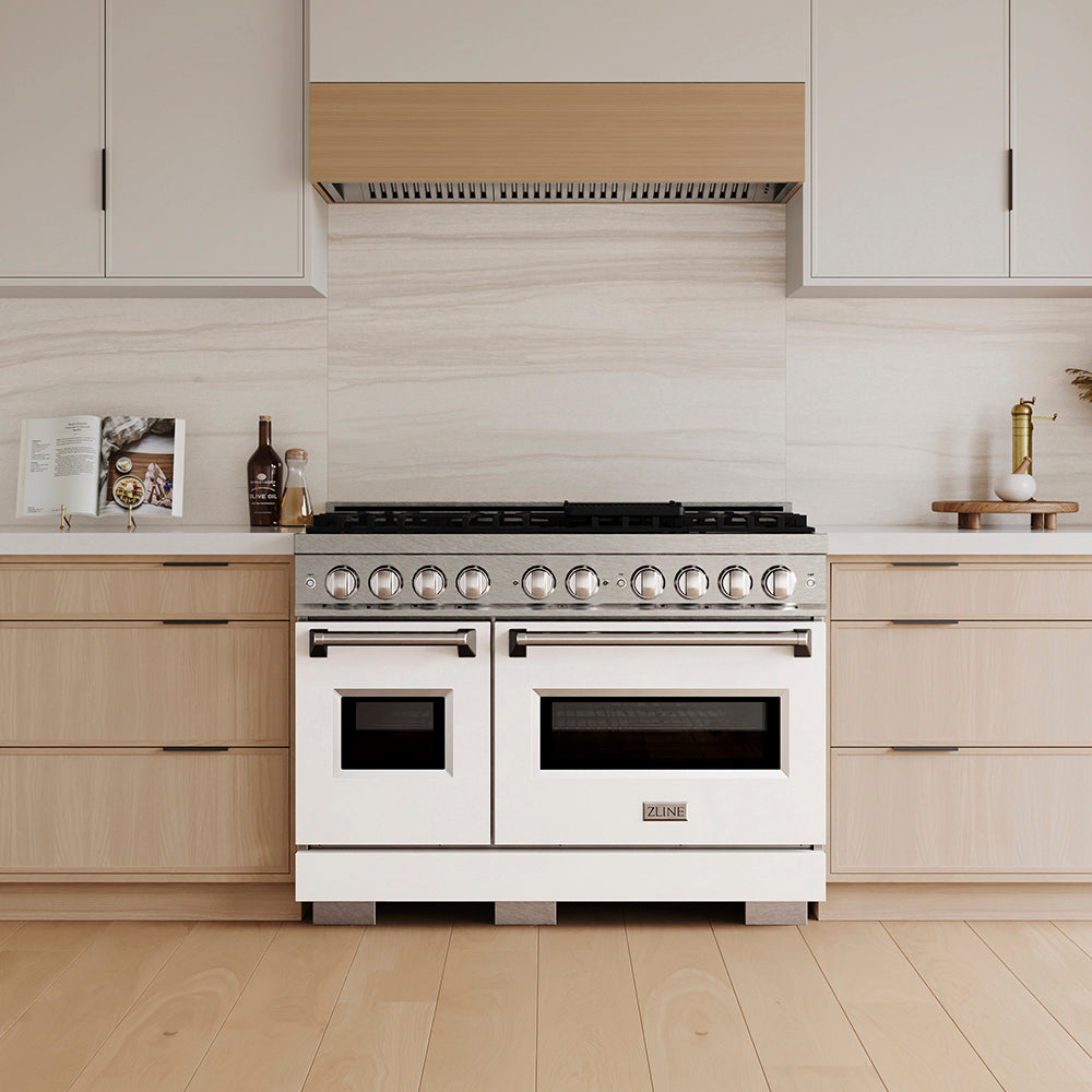 ZLINE Classic 48-inch range in satin stainless steel with white matte door PCGRS-WM-48, front view