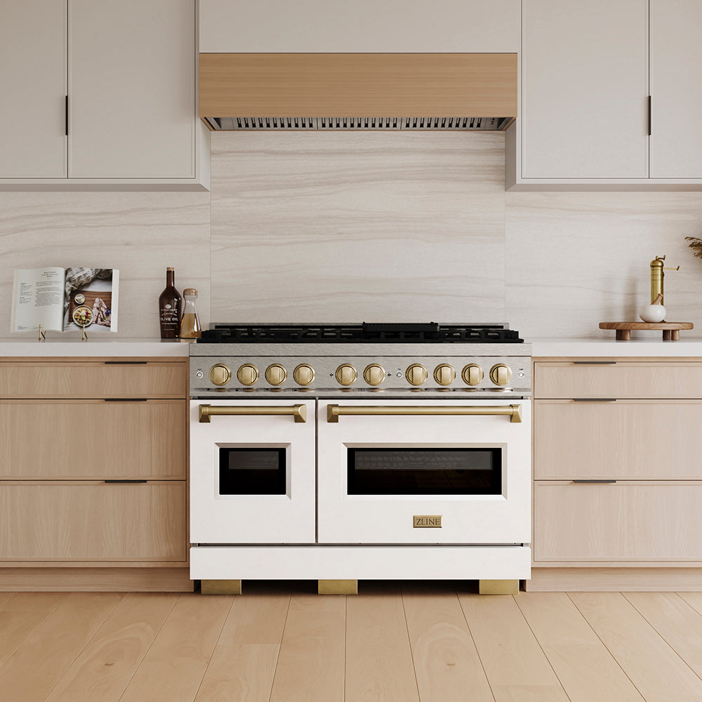 ZLINE Autograph Edition Classic 48-inch range in satin stainless steel with white matte door and champagne bronze accents PCGRSZ-WM-48-CB, front view