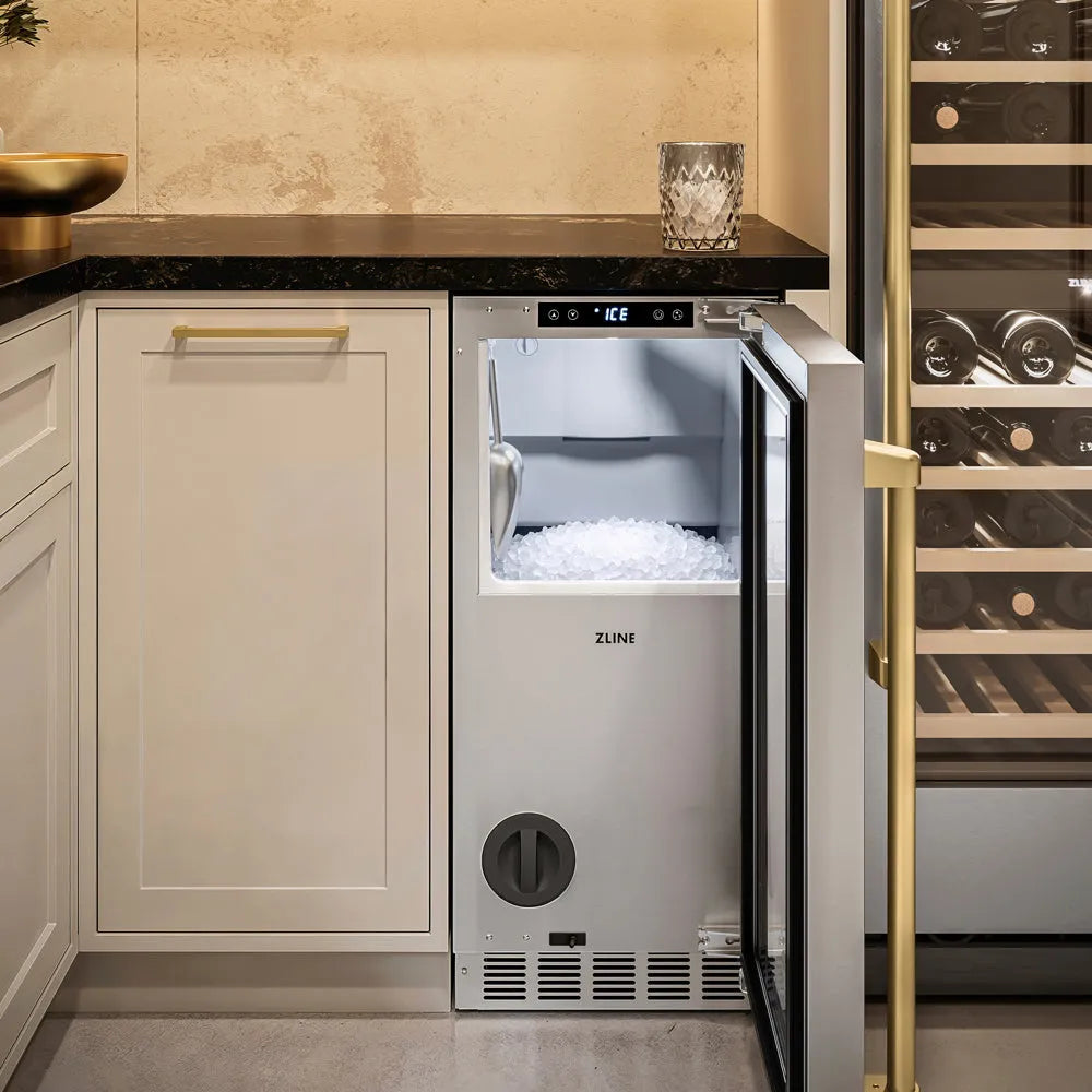 ZLINE Autograph Edition Touchstone 15-inch ice maker in stainless steel and champagne bronze accents INGDZ-ST-15-CB, door open