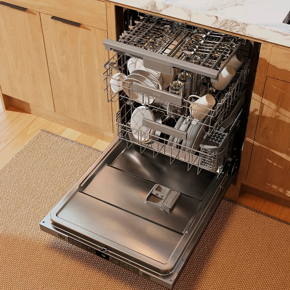 ZLINE Autograph Edition Monument 24-inch dishwasher, panel ready and matte black accents DWMTZ-24-MB, door open