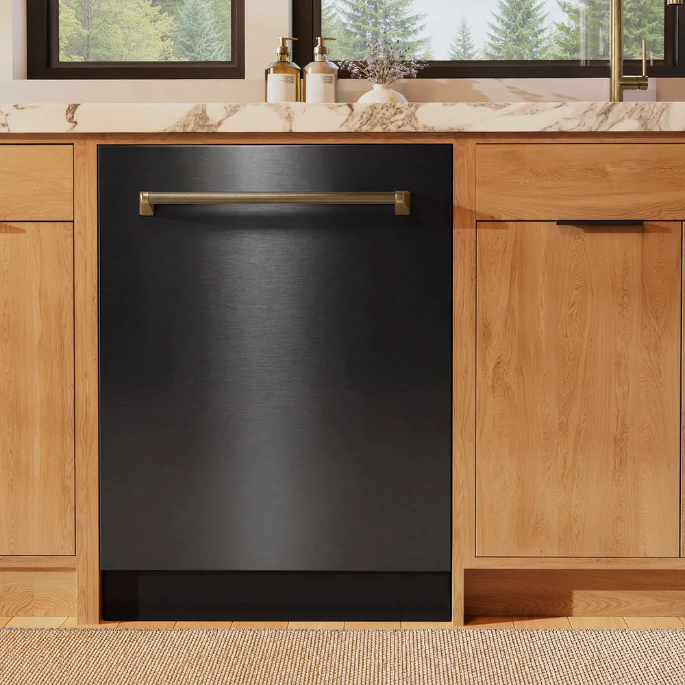 ZLINE Autograph Edition Monument 24-inch dishwasher in black stainless steel and champagne bronze accents DWMTZ-BS-24-KCB, front view