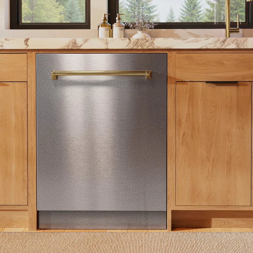 ZLINE Autograph Edition Monument 24-inch dishwasher in satin stainless steel and polished gold accents DWMTZ-SN-24-G, front view