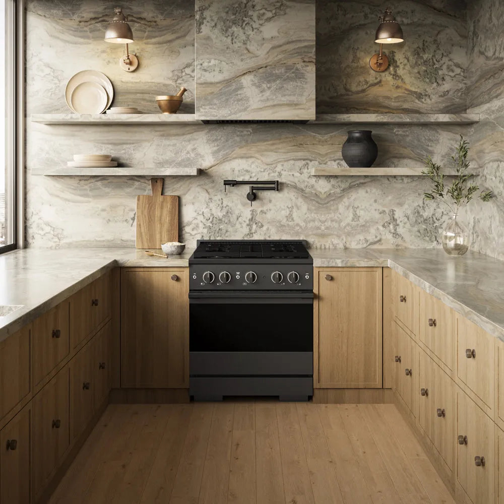 ZLINE Marino 30-inch range in black stainless steel MDRB-BR-30, front view