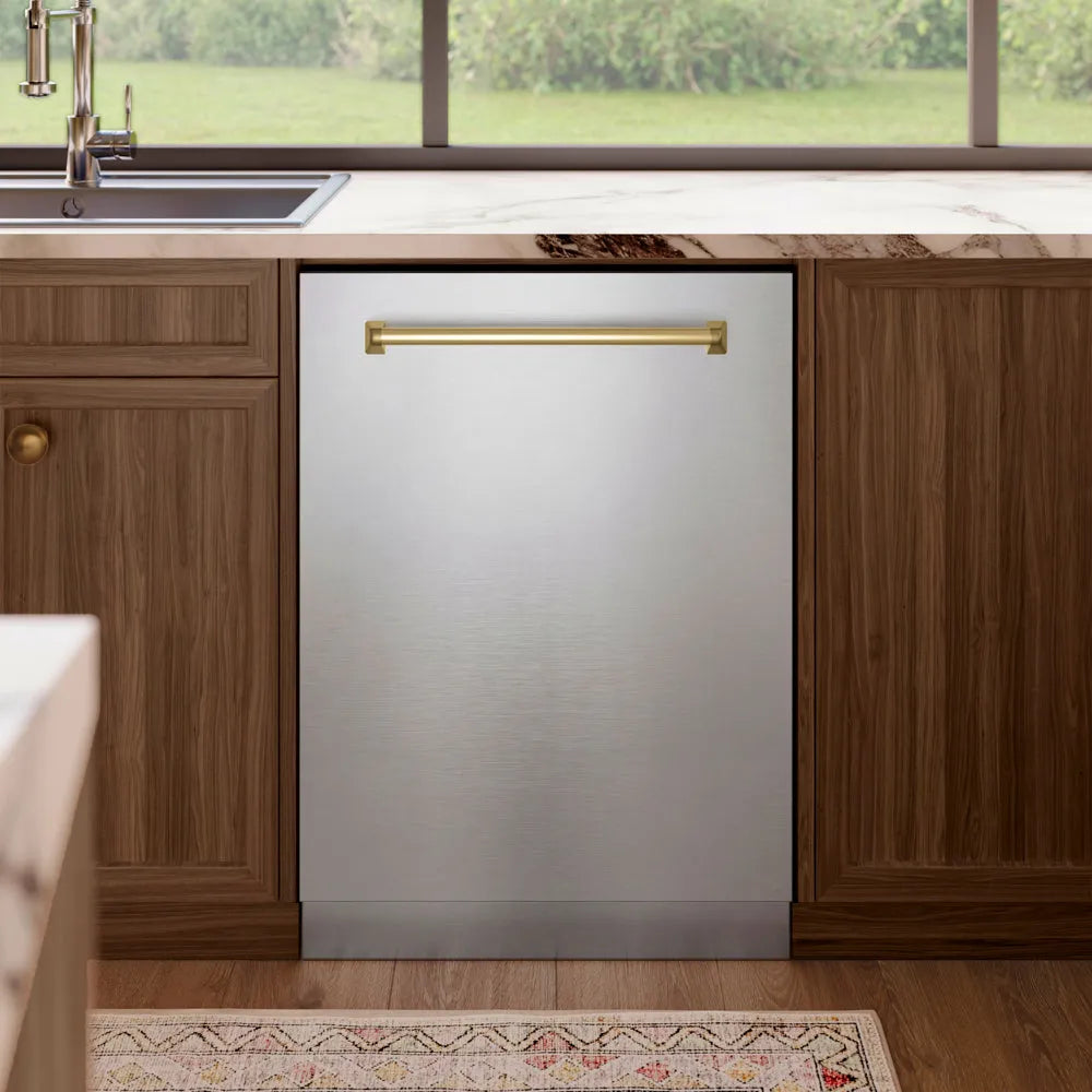 ZLINE Autograph Edition Tallac 24-inch dishwasher in stainless steel and champagne bronze accents DWVZ-304-24-CB, front view