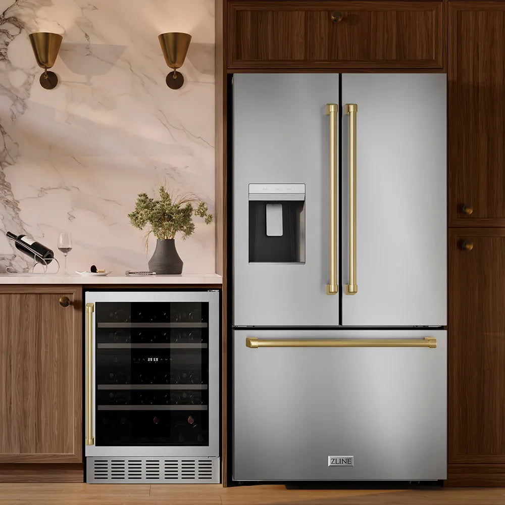 ZLINE Autograph Edition 36-inch refrigerator in fingerprint-resistant stainless steel with bright white interior and champagne bronze accents RSMZ-W-36-CB, front view