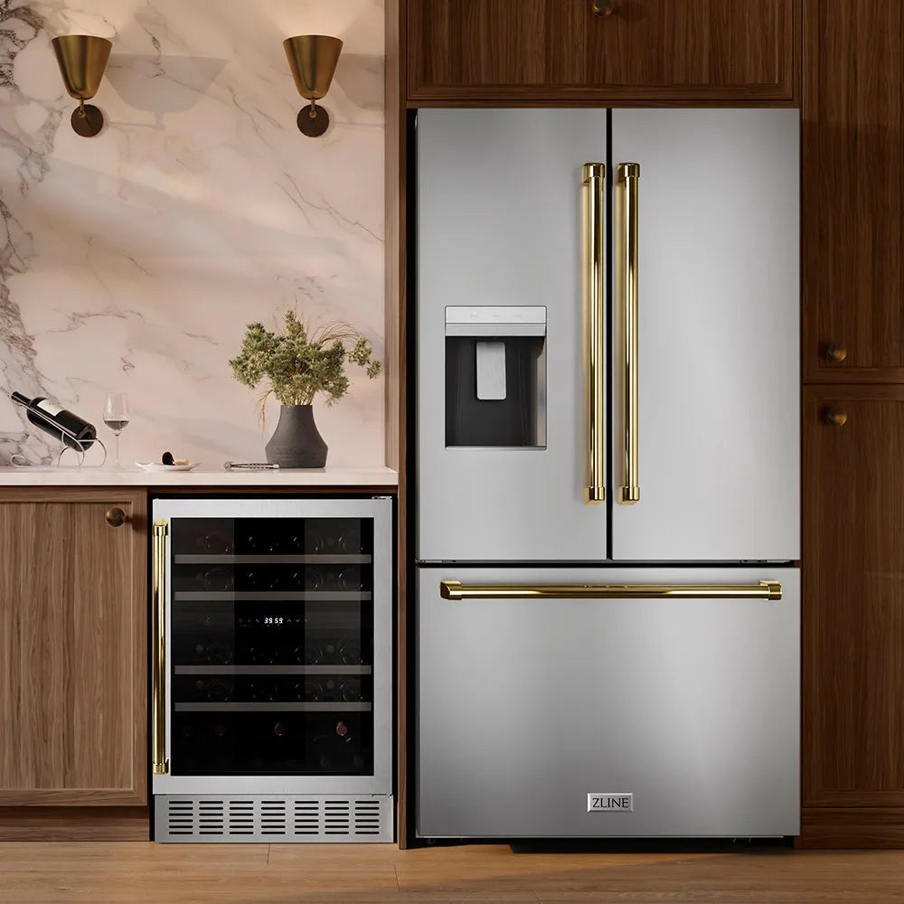 ZLINE Autograph Edition 36-inch refrigerator in fingerprint-resistant stainless steel with bright white interior and polished gold accents RSMZ-W-36-G, front view