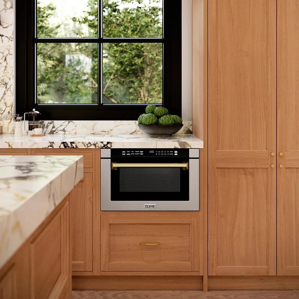 ZLINE Autograph Edition 24-inch microwave in stainless steel and champagne bronze accents MWDZ-1-H-CB, front view