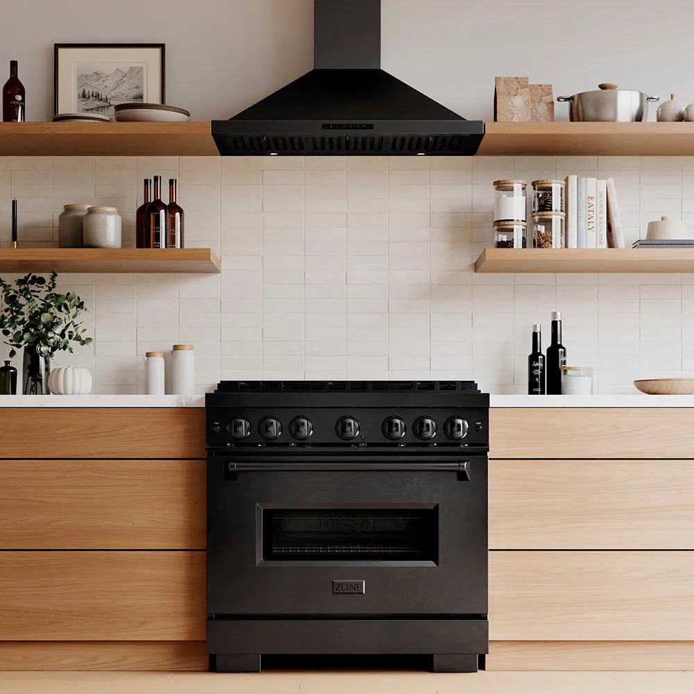 ZLINE Classic 36-inch range in black stainless steel PCGRB-36, front view