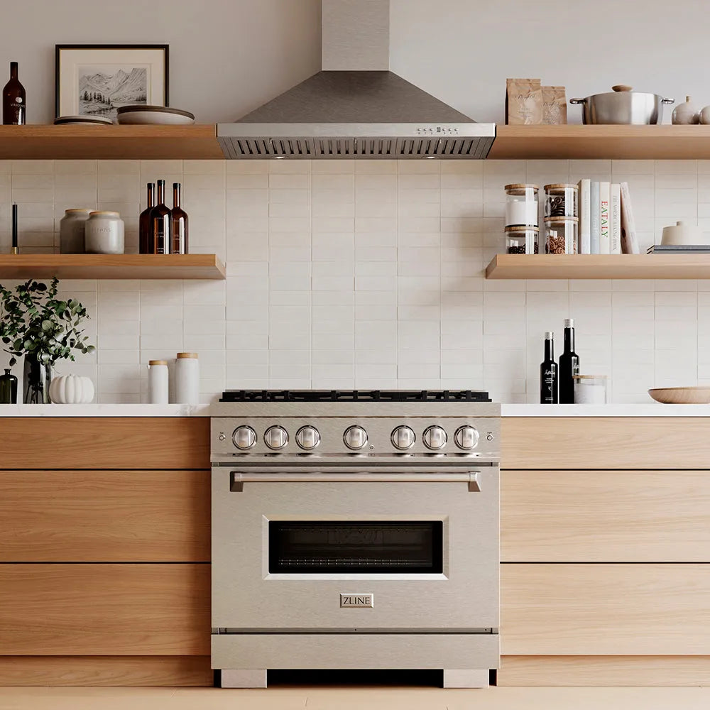 ZLINE Classic 36-inch range in satin stainless steel PCGRS-36, front view