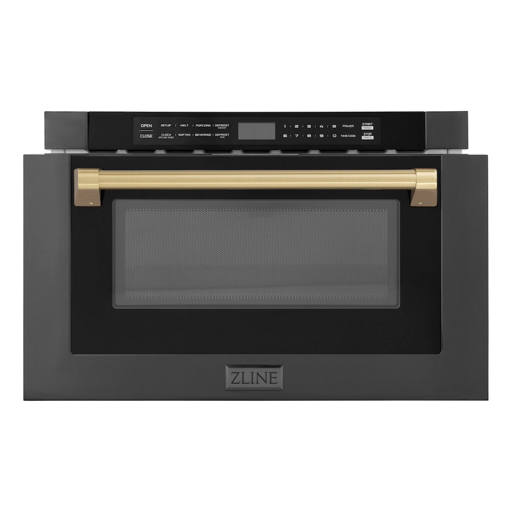 ZLINE Autograph Edition 24-inch microwave in black stainless steel and champagne bronze accents MWDZ-1-BS-H-CB, front view
