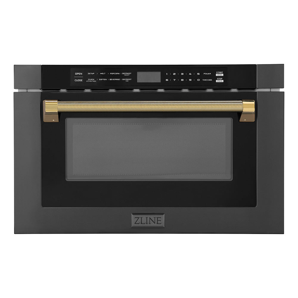 ZLINE Autograph Edition 24-inch microwave in black stainless steel and polished gold accents MWDZ-1-BS-H-KG