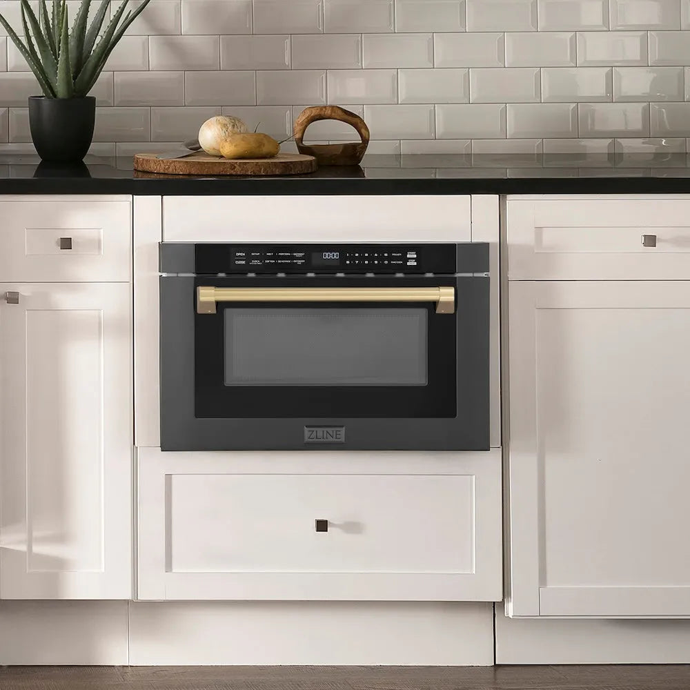 ZLINE Autograph Edition 24-inch microwave in black stainless steel and champagne bronze accents MWDZ-1-BS-H-CB, view 2