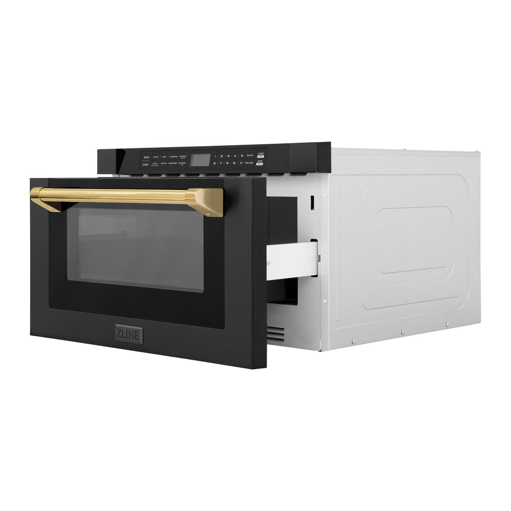 ZLINE Autograph Edition 24-inch microwave in black stainless steel and polished gold accents MWDZ-1-BS-H-G, door open