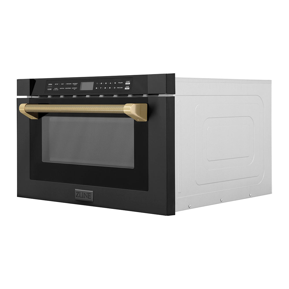 ZLINE Autograph Edition 24-inch microwave in black stainless steel and champagne bronze accents MWDZ-1-BS-H-KCB, side view