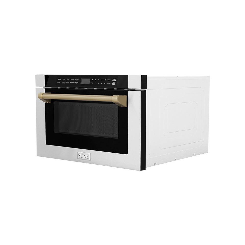 ZLINE Autograph Edition 24-inch microwave in stainless steel and champagne bronze accents MWDZ-1-H-CB, side view
