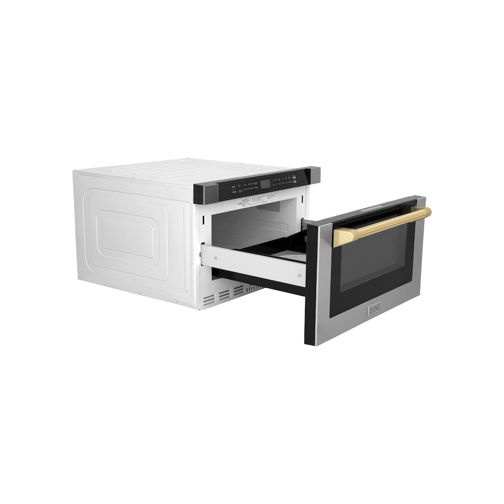 ZLINE Autograph Edition 24-inch microwave in stainless steel and polished gold accents MWDZ-1-H-G, door open