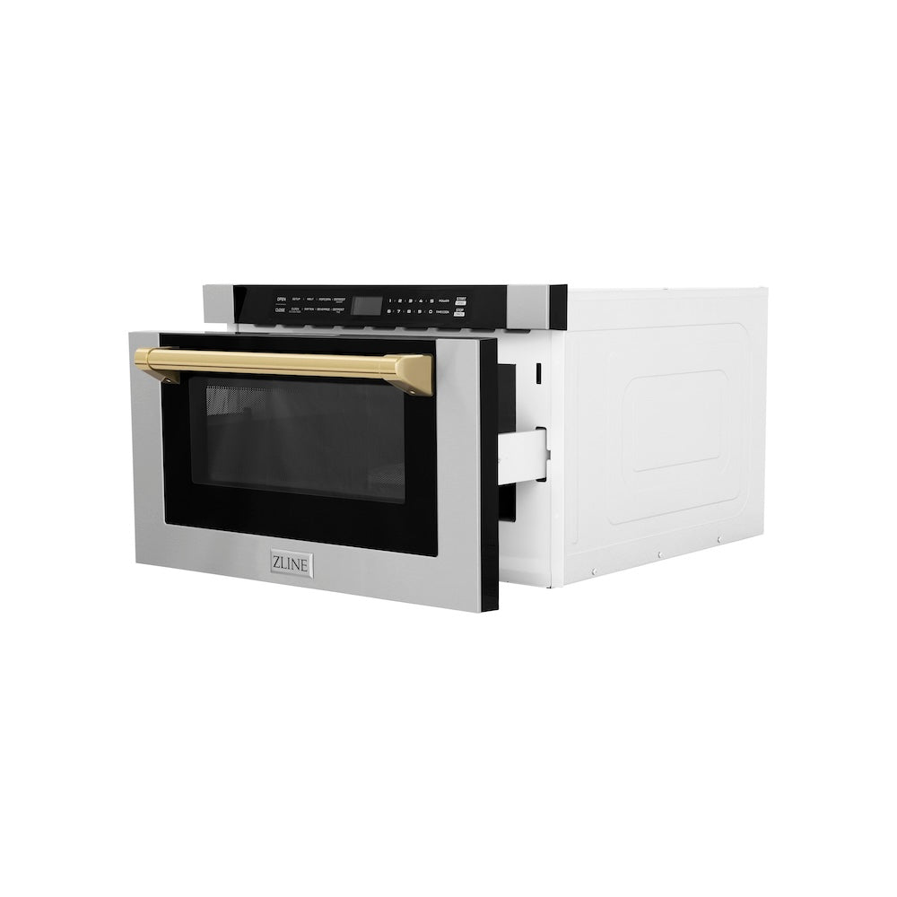 ZLINE Autograph Edition 24-inch microwave in stainless steel and polished gold accents MWDZ-1-H-G, door open