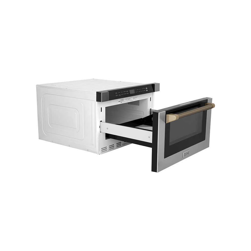 ZLINE Autograph Edition 24-inch microwave in stainless steel and champagne bronze accents MWDZ-1-H-KCB, door open