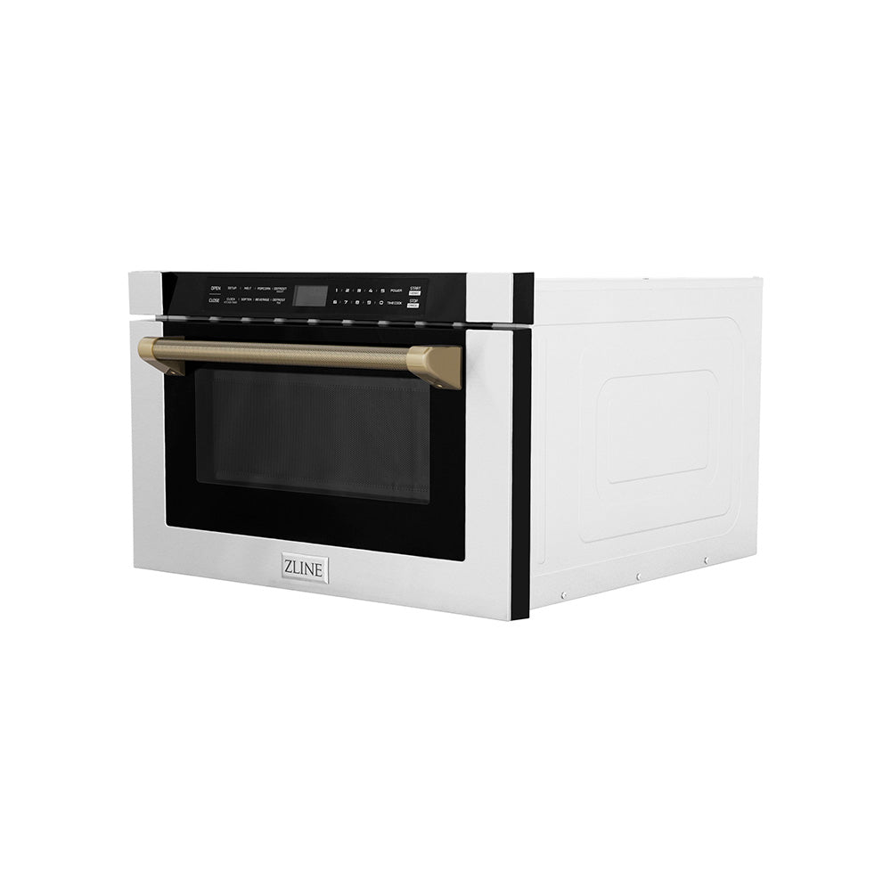 ZLINE Autograph Edition 24-inch microwave in stainless steel and champagne bronze accents MWDZ-1-H-KCB, side view